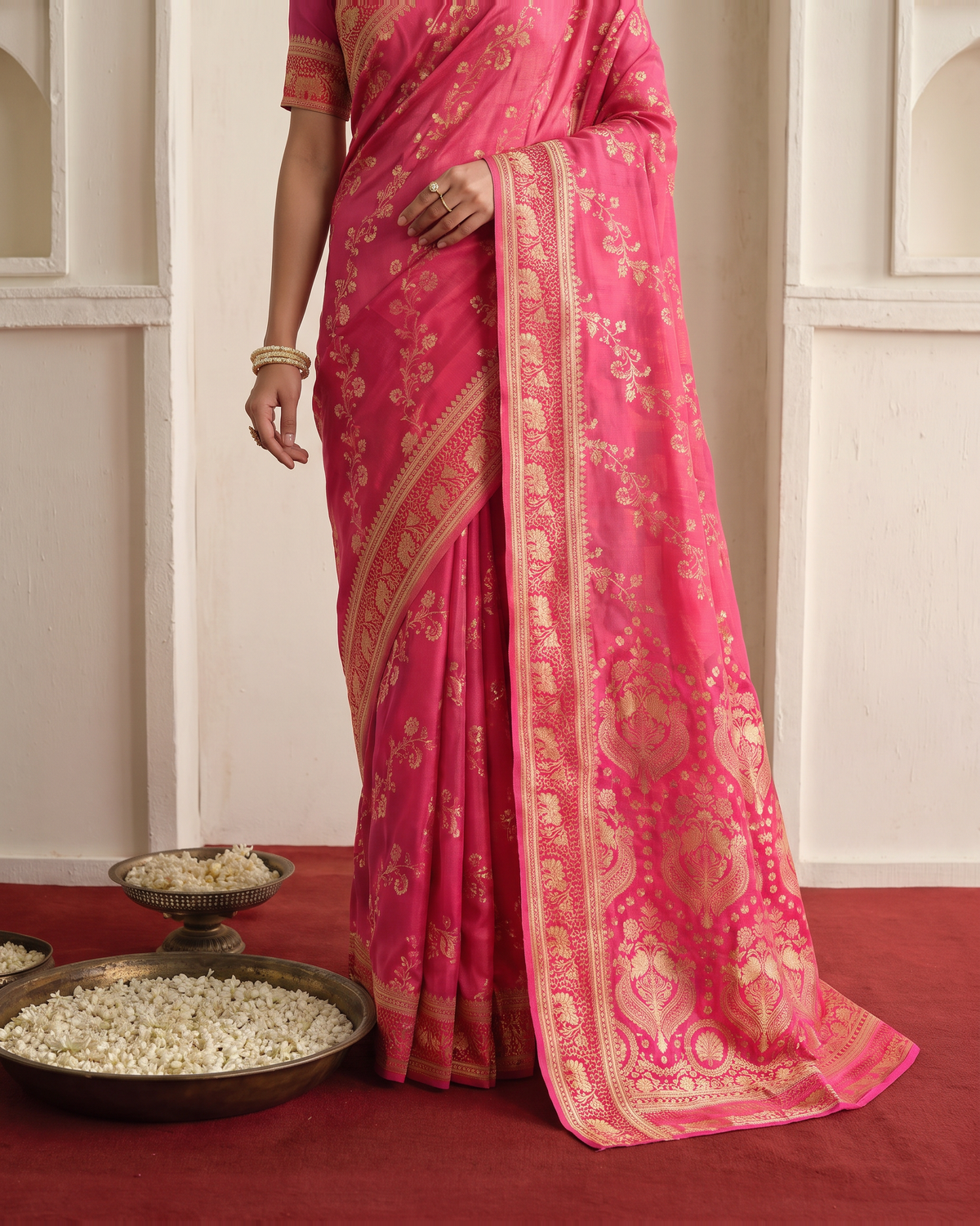Iravati Traditional Motif Zari Silk Saree with Ornate Border - Rani - lower closeup