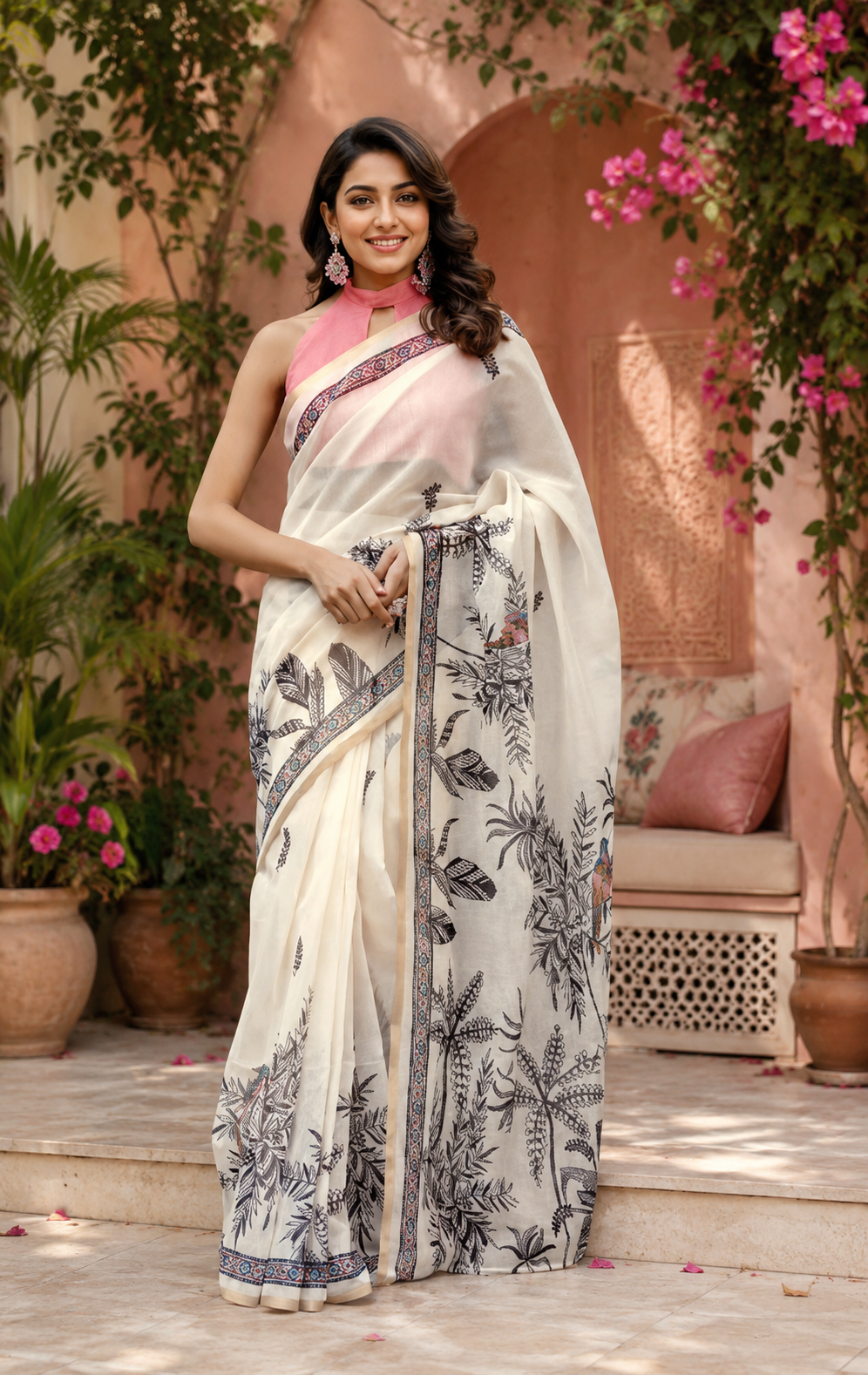 Ivory Charcoal Printed Chanderi Cotton Ready To Wear Saree - full saree