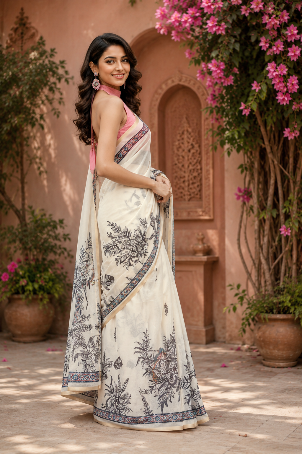 Ivory Charcoal Printed Chanderi Cotton Ready To Wear Saree - image 2