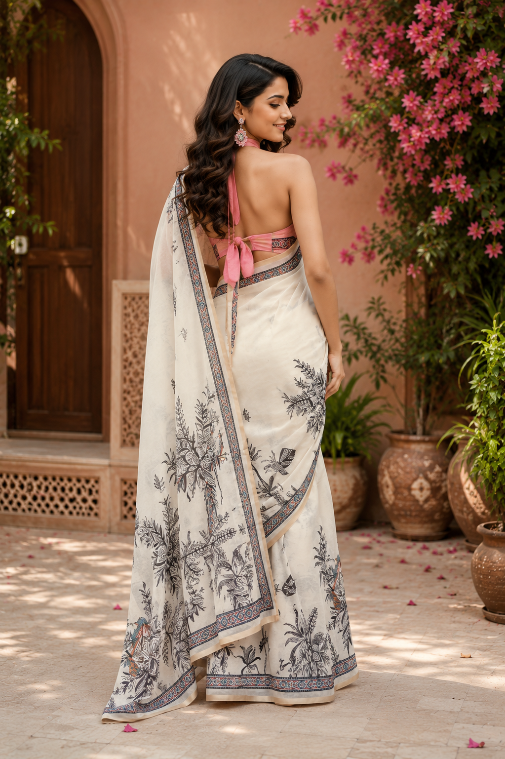 Ivory Charcoal Printed Chanderi Cotton Ready To Wear Saree - image 3