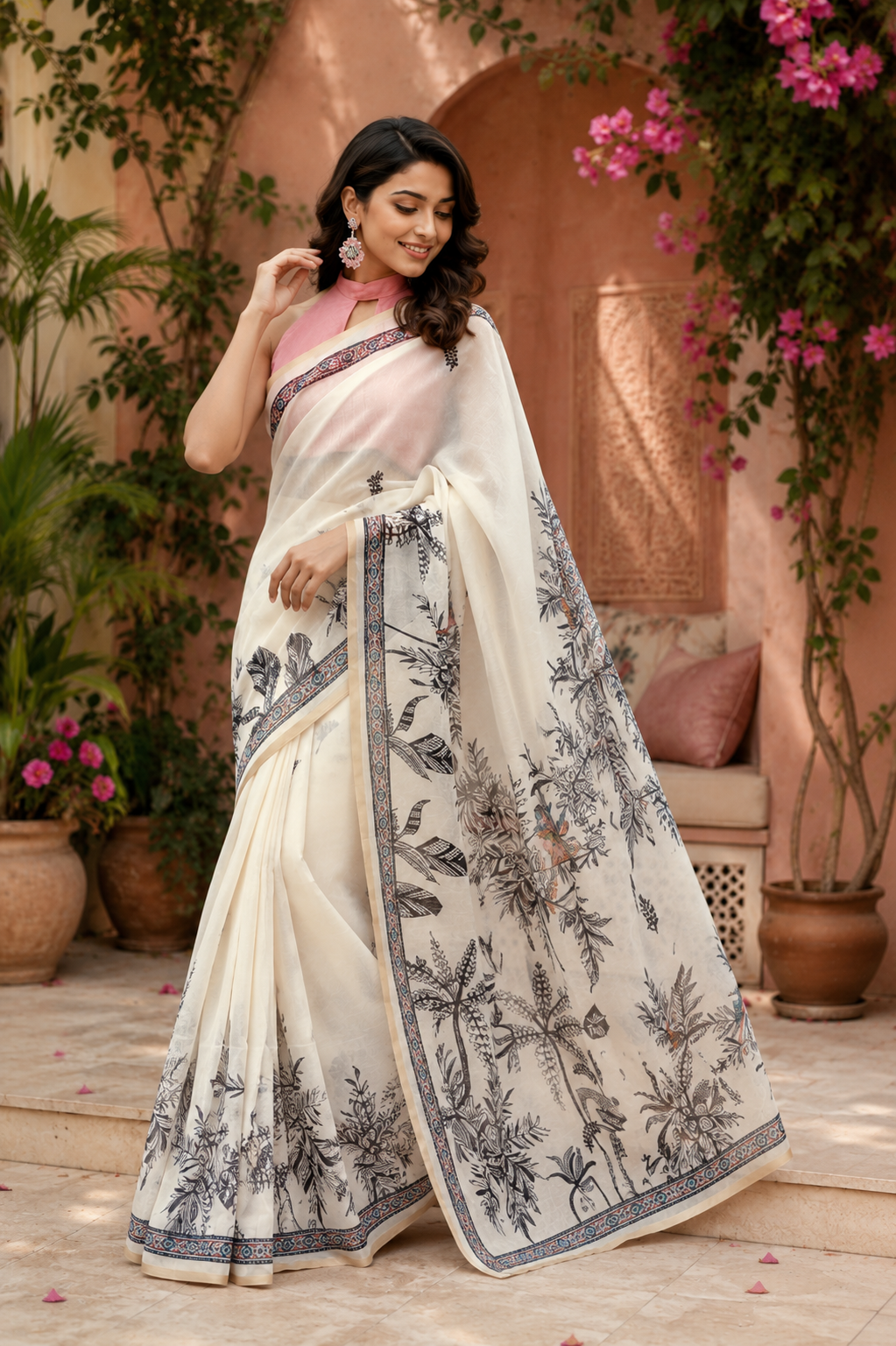Ivory Charcoal Printed Chanderi Cotton Ready To Wear Saree - image 4