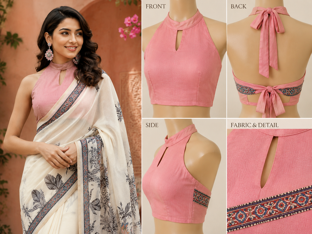 Ivory Charcoal Printed Chanderi Cotton Ready To Wear Saree - blouse detail