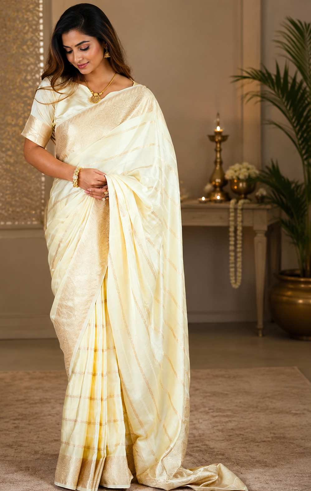 Ivory Gold Pure Silk Jari Weave Party Wear Saree - full saree hero