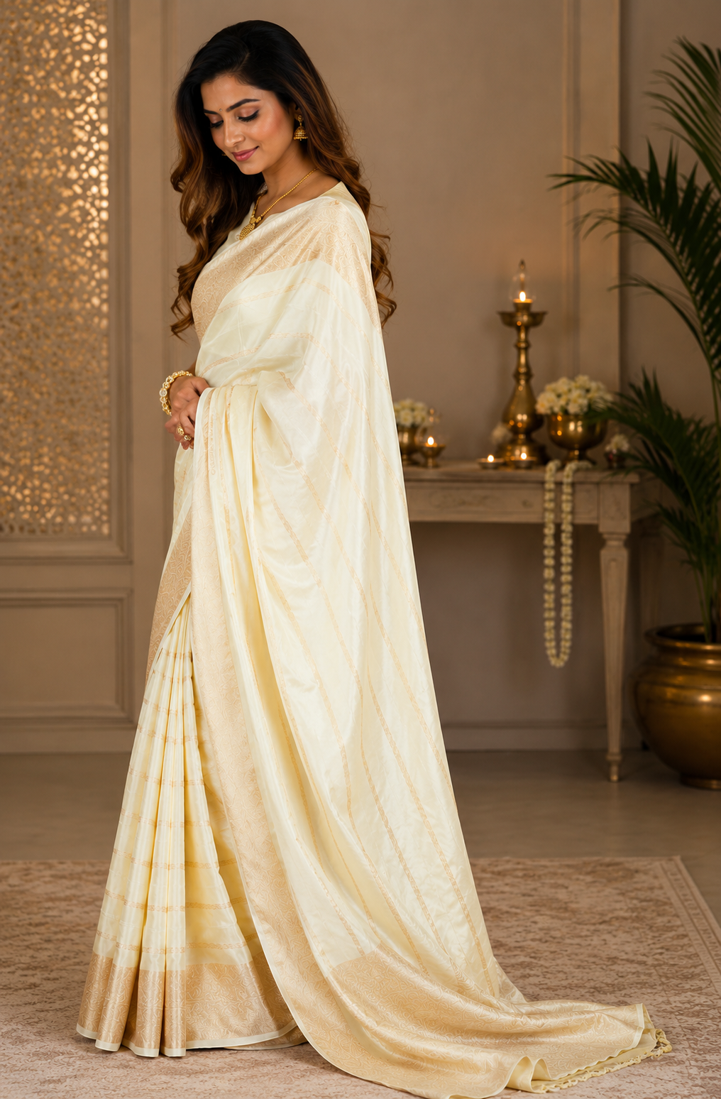 Ivory Gold Pure Silk Jari Weave Party Wear Saree - image 2
