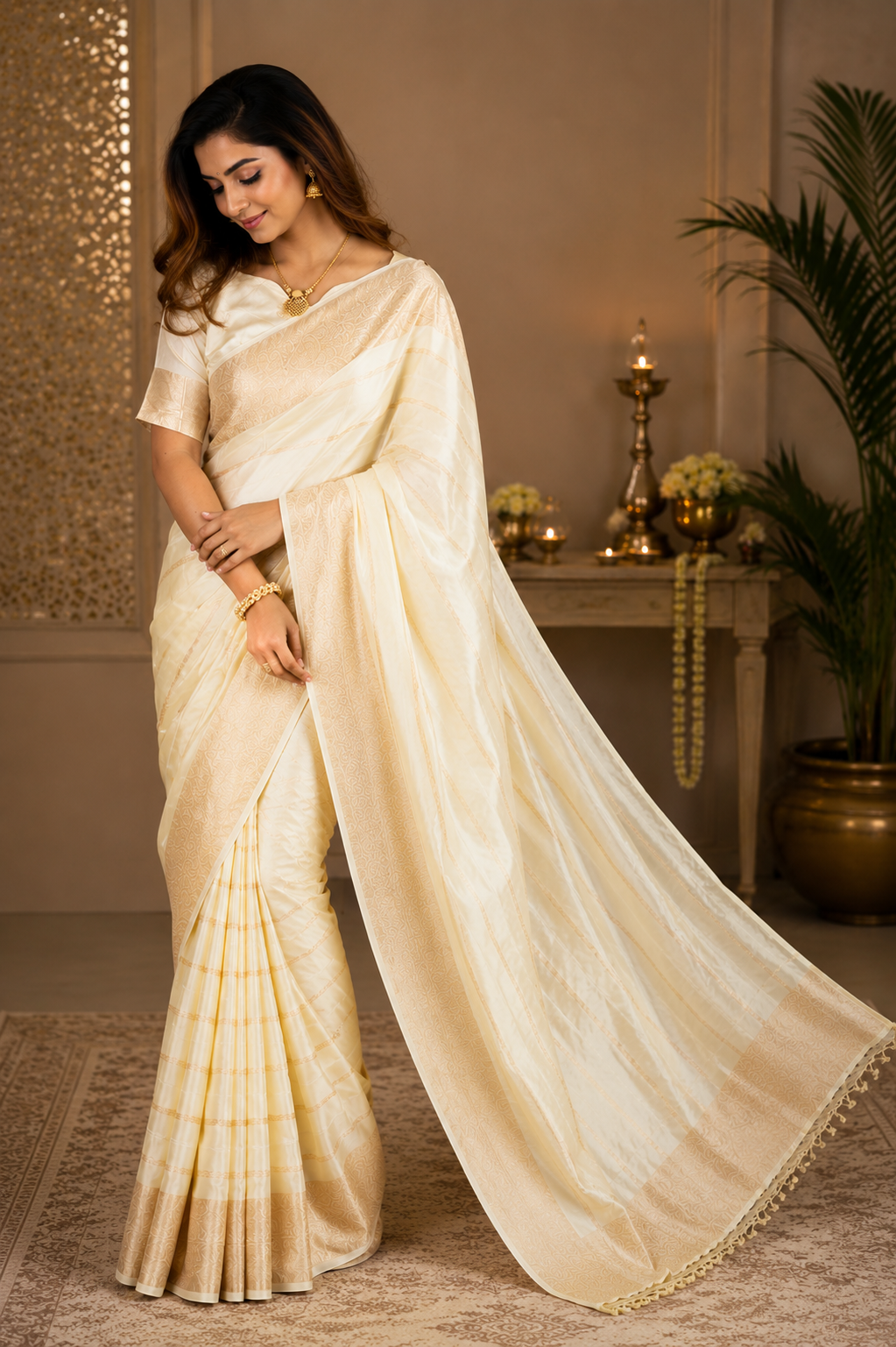 Ivory Gold Pure Silk Jari Weave Party Wear Saree - blouse detail