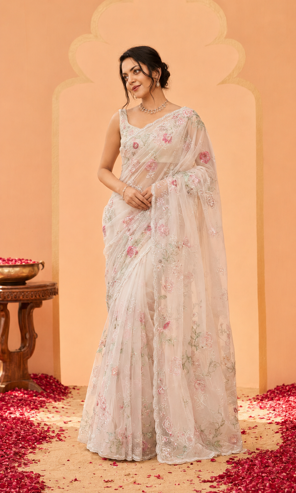 Ivory Pink Tebi Silk Handwork Party Wear Saree - hero