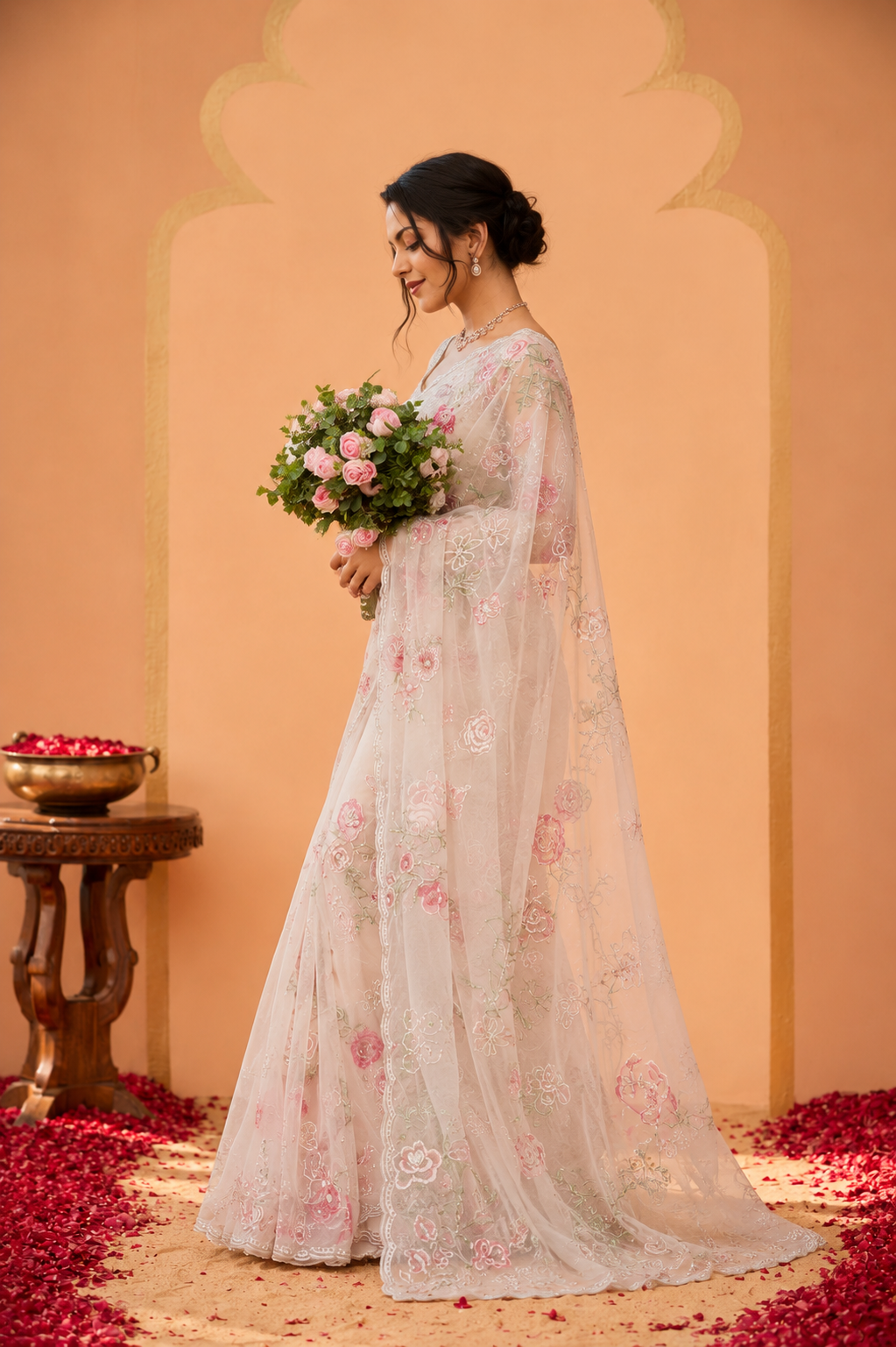 Ivory Pink Tebi Silk Handwork Party Wear Saree - side view