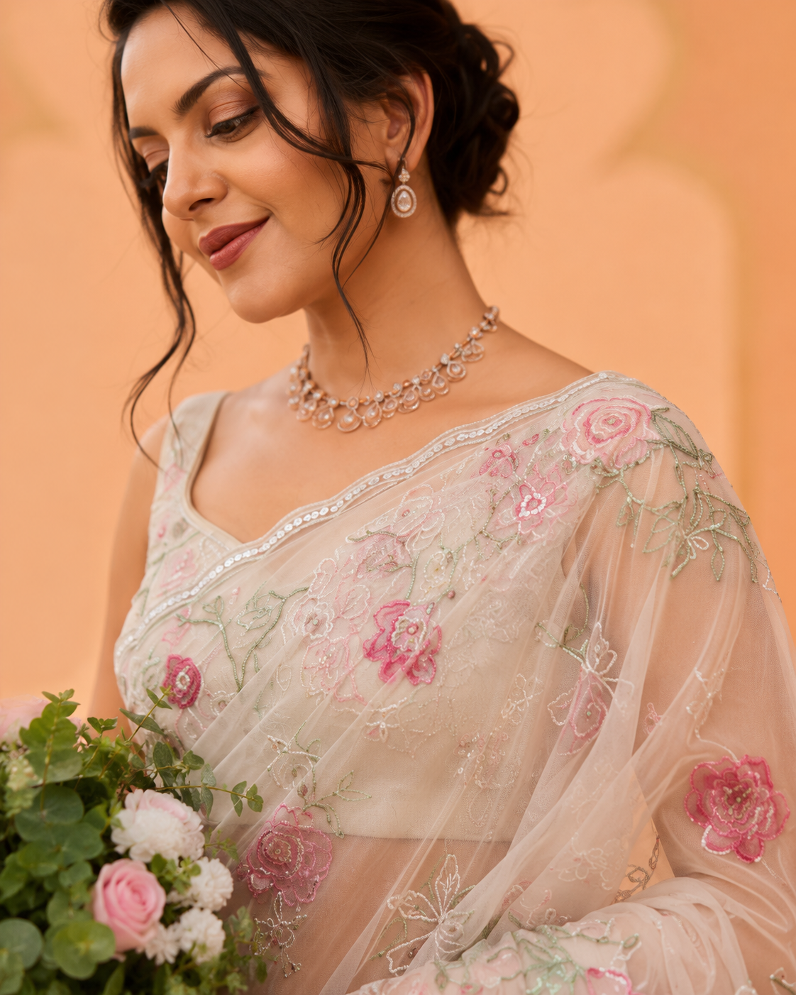 Ivory Pink Tebi Silk Handwork Party Wear Saree - handwork closeup
