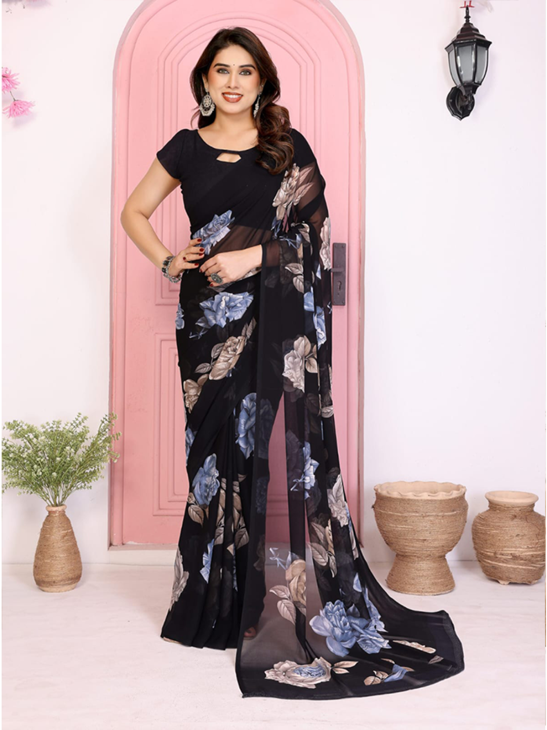 Elegant Black Floral Printed Chiffon Saree with Flower Design – Stylish Party & Casual Wear