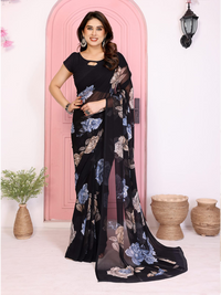 Elegant Black Floral Printed Chiffon Saree with Flower Design – Stylish Party & Casual Wear