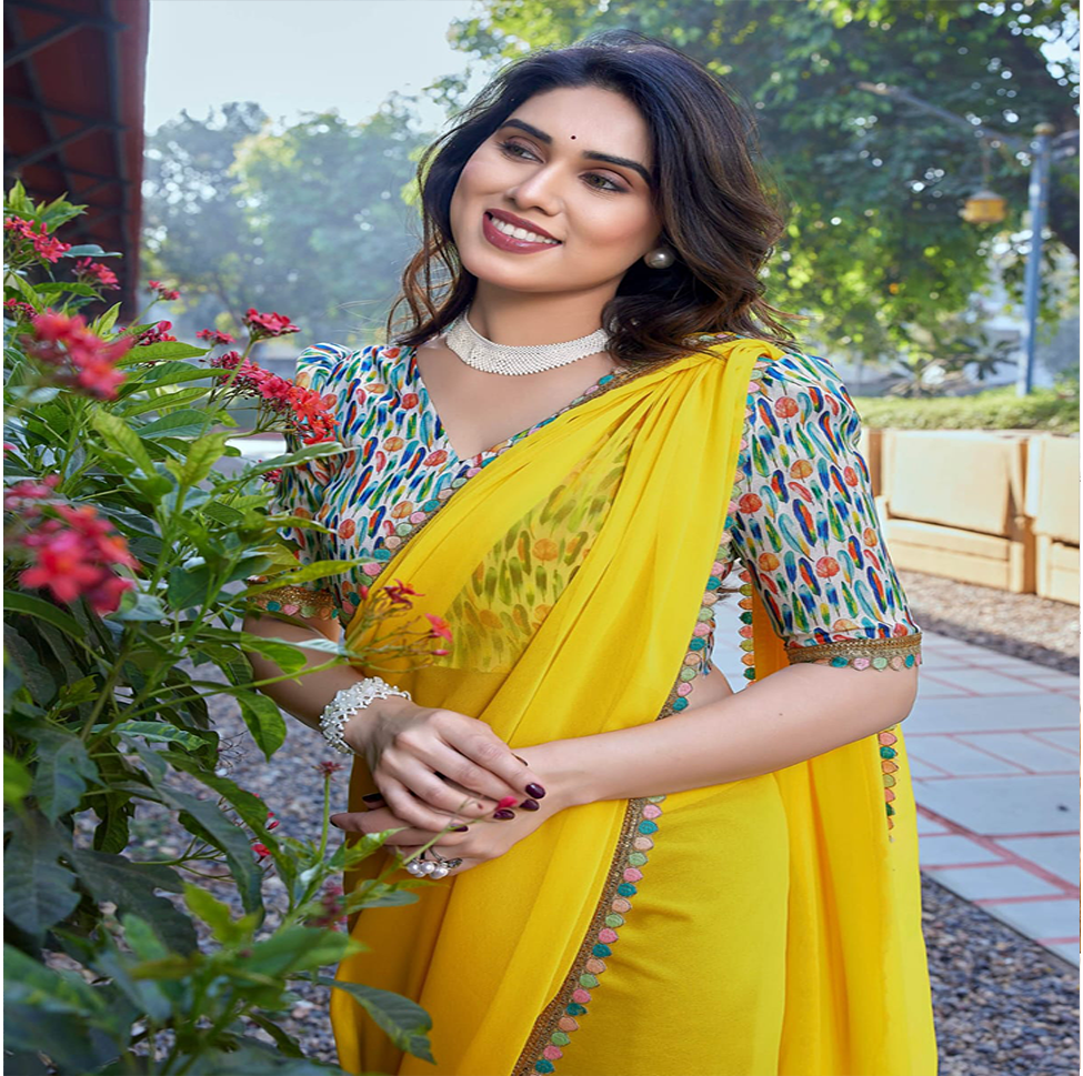Elegant Yellow Georgette Saree with Designer Border & Printed Blouse – Festive & Party Wear