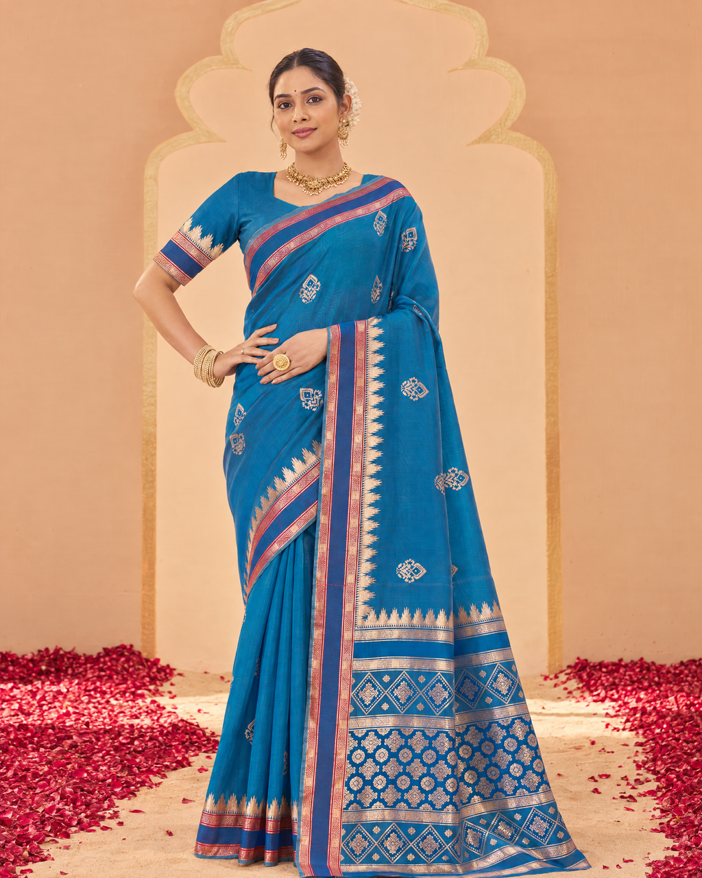 Kadambari Temple Motif Zari Silk Saree with Checked Pallu - Air Force - full saree hero