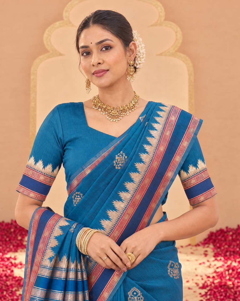Kadambari Temple Motif Zari Silk Saree with Checked Pallu - Air Force - upper closeup