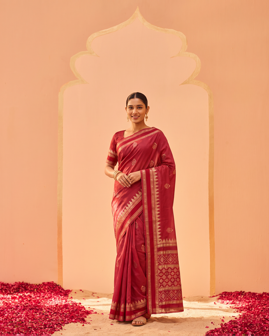 Kadambari Temple Motif Zari Silk Saree with Checked Pallu - Maroon - full saree hero