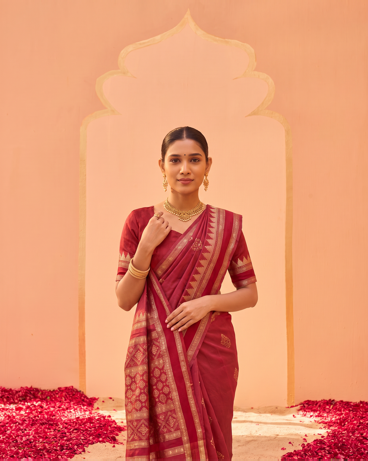 Kadambari Temple Motif Zari Silk Saree with Checked Pallu - Maroon - upper closeup
