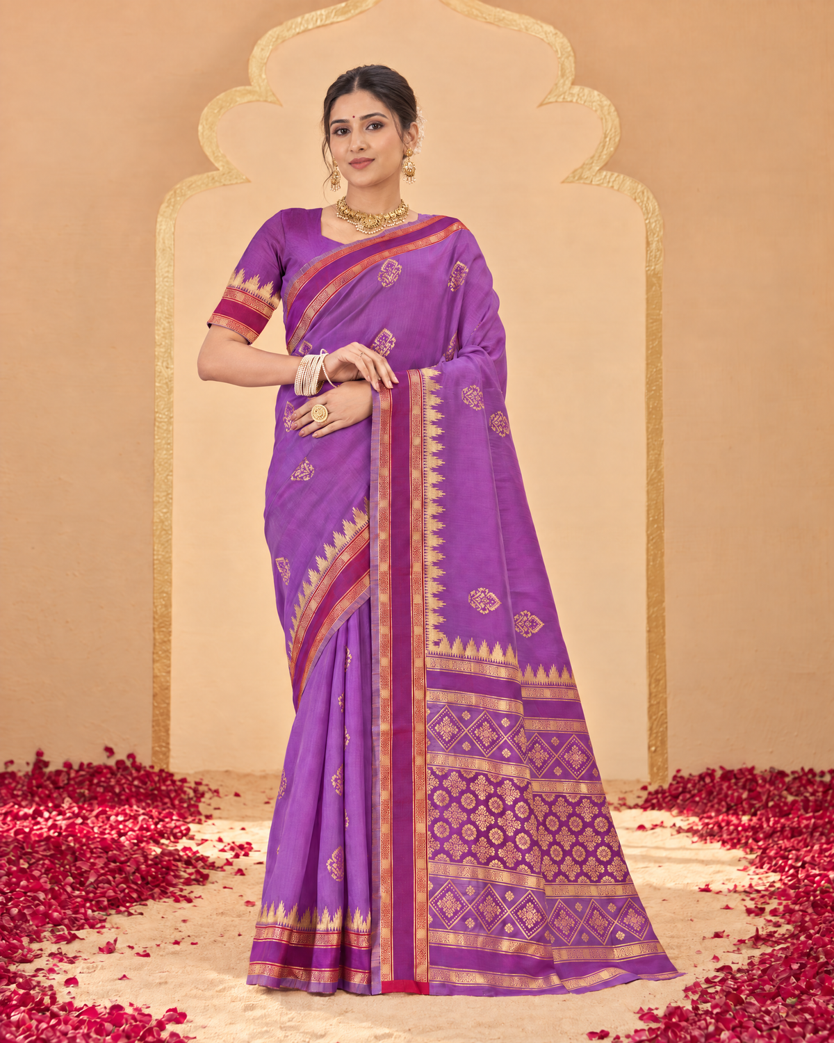 Kadambari Temple Motif Zari Silk Saree with Checked Pallu - Purple - full saree hero