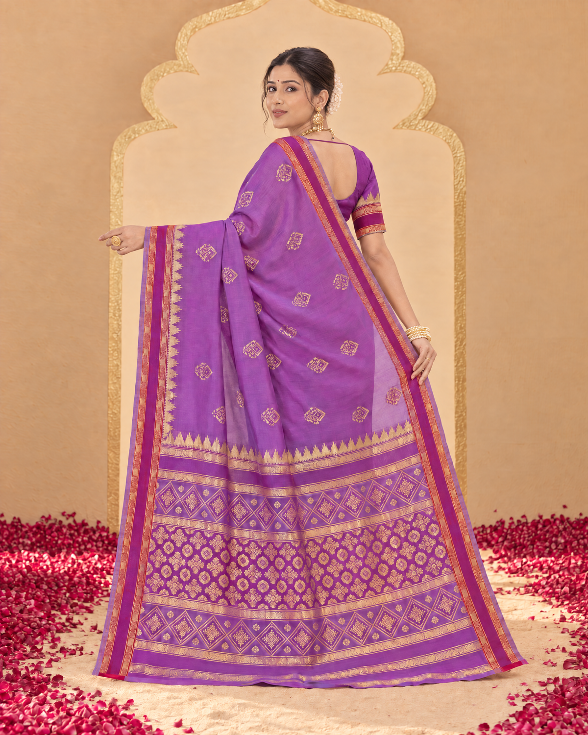 Kadambari Temple Motif Zari Silk Saree with Checked Pallu - Purple - side