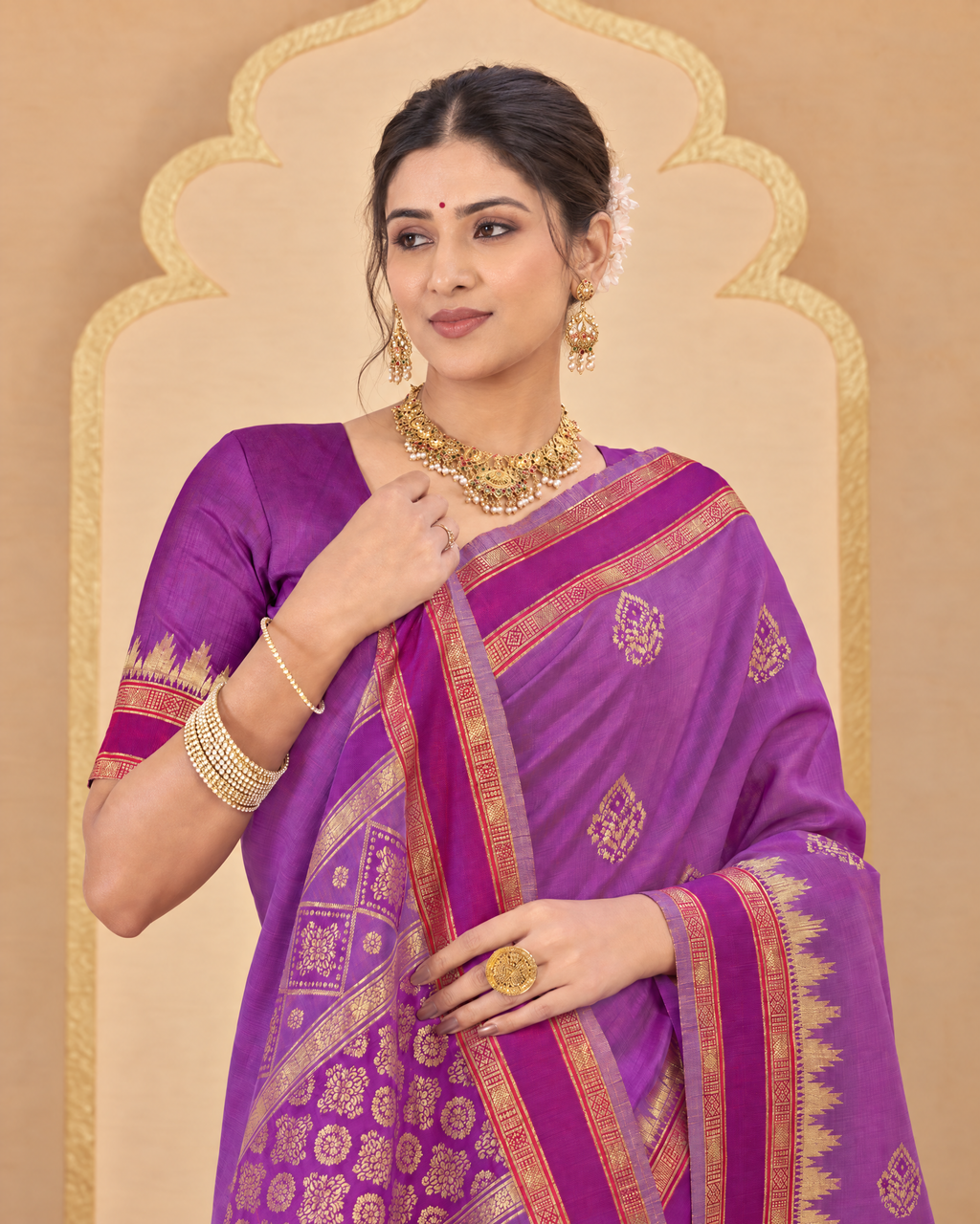 Kadambari Temple Motif Zari Silk Saree with Checked Pallu - Purple - upper closeup