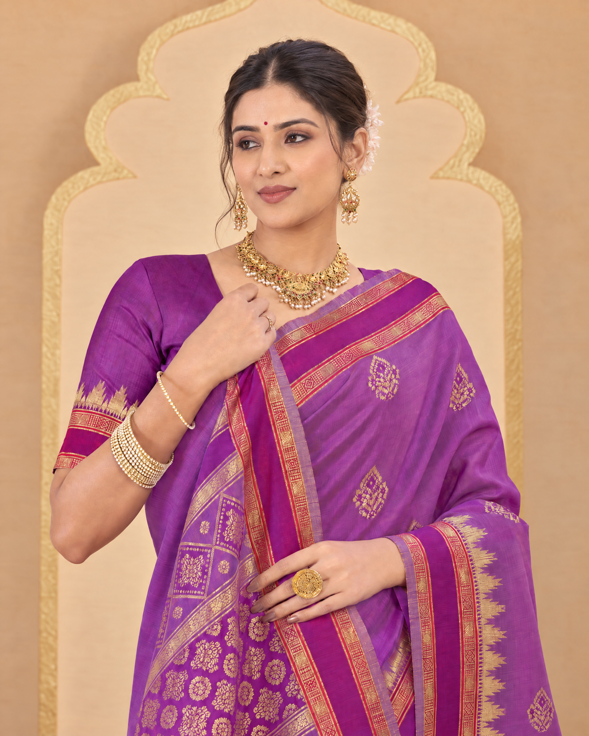 Kadambari Temple Motif Zari Silk Saree with Checked Pallu - Purple - upper closeup