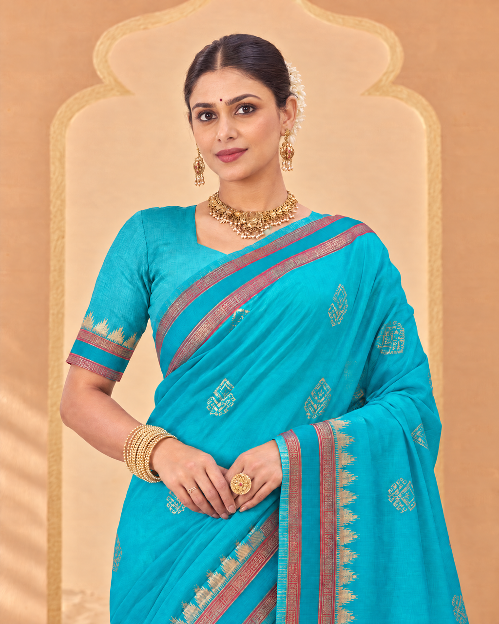 Kadambari Temple Motif Zari Silk Saree with Checked Pallu - Rama - upper closeup