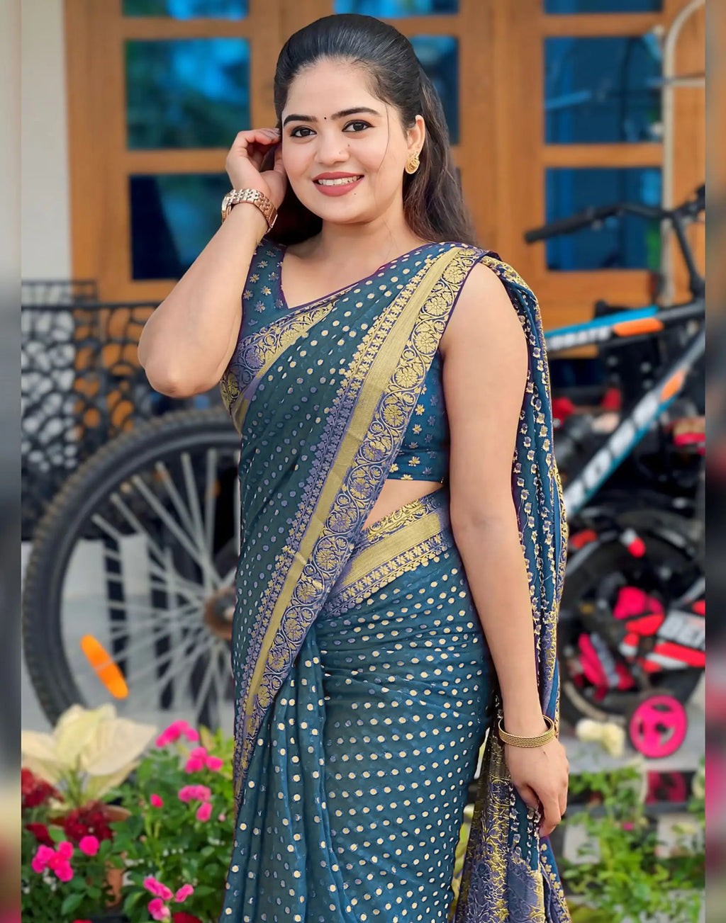 Kaira Dotted Zari Paithani Silk Saree - Airforce Blue - lower border closeup