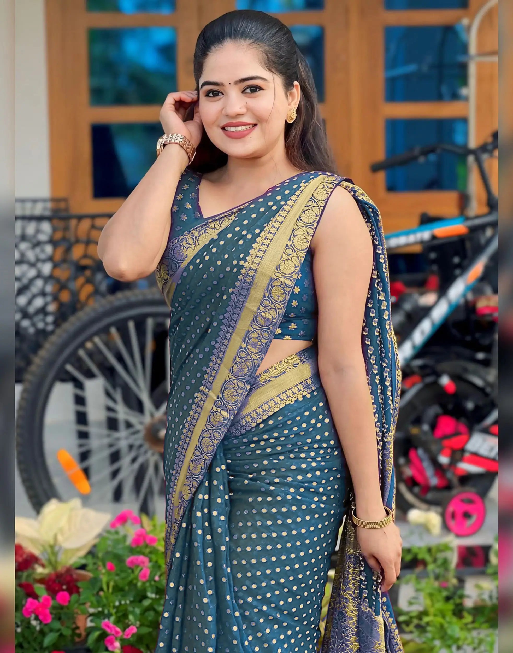 Kaira Dotted Zari Paithani Silk Saree - Airforce Blue - lower border closeup