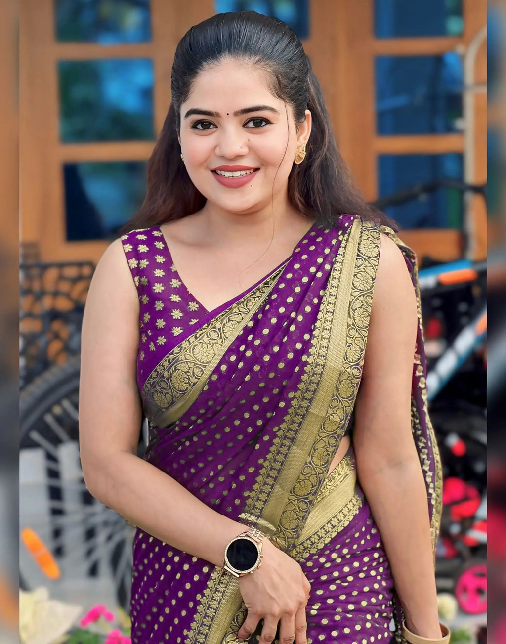 Kaira Dotted Zari Paithani Silk Saree - Purple - detail view 6