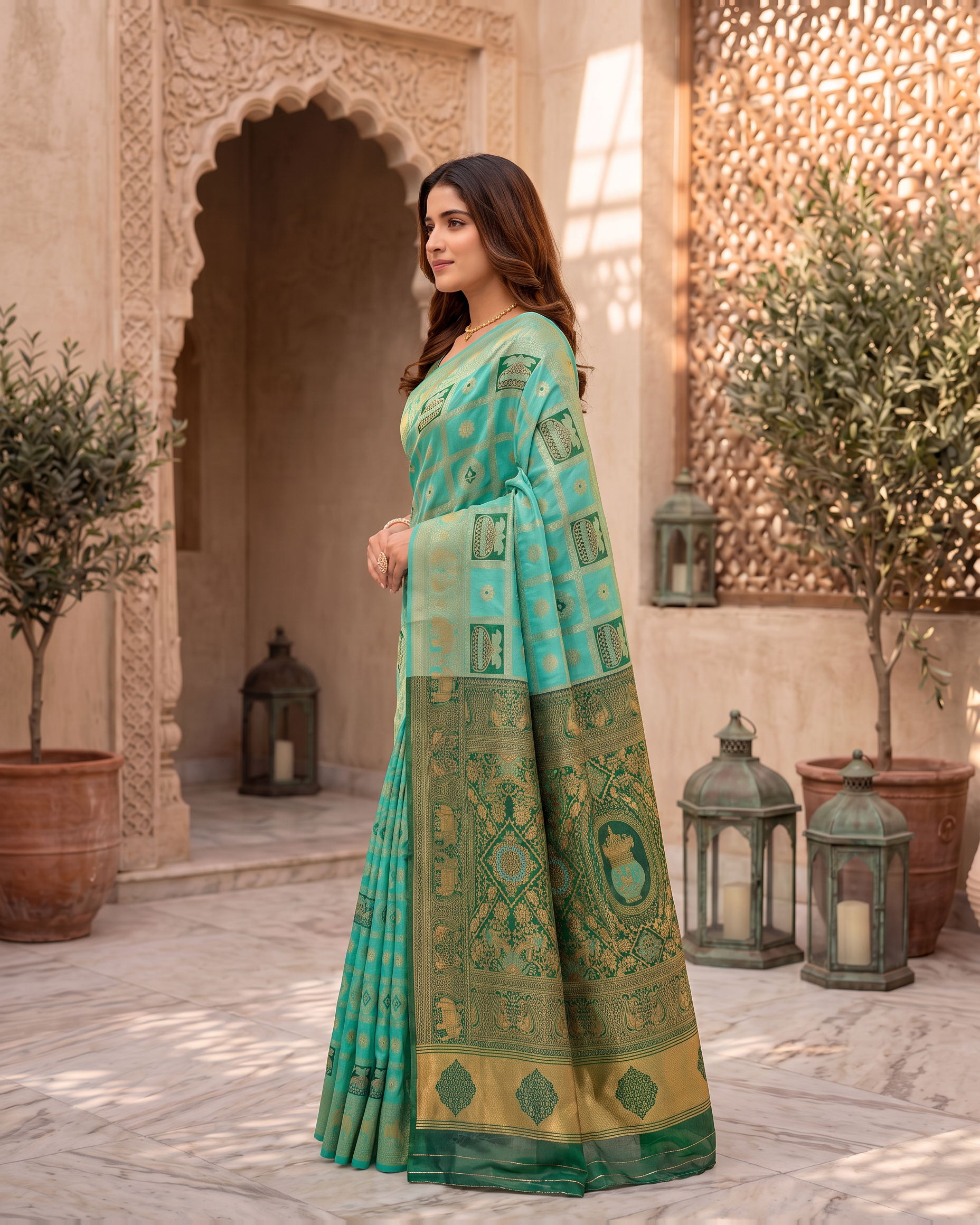 Kalash Motif Festive Saree with Traditional Designer Pallu - Aqua - side