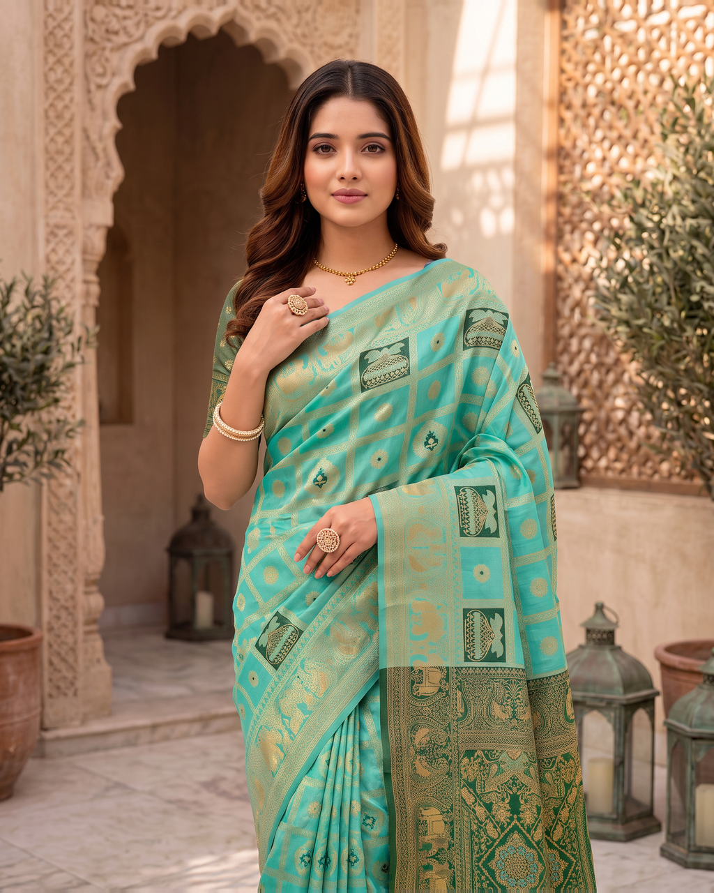 Kalash Motif Festive Saree with Traditional Designer Pallu - Aqua - upper closeup