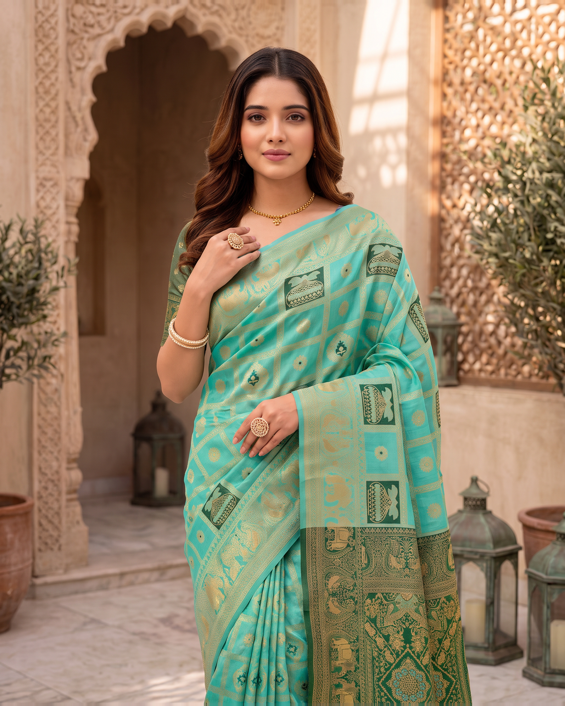 Kalash Motif Festive Saree with Traditional Designer Pallu - Aqua - upper closeup