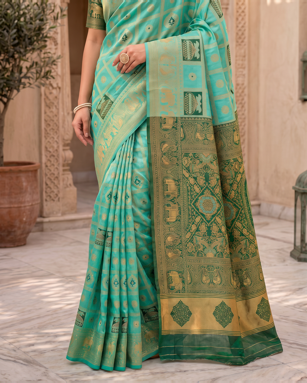 Kalash Motif Festive Saree with Traditional Designer Pallu - Aqua - lower closeup