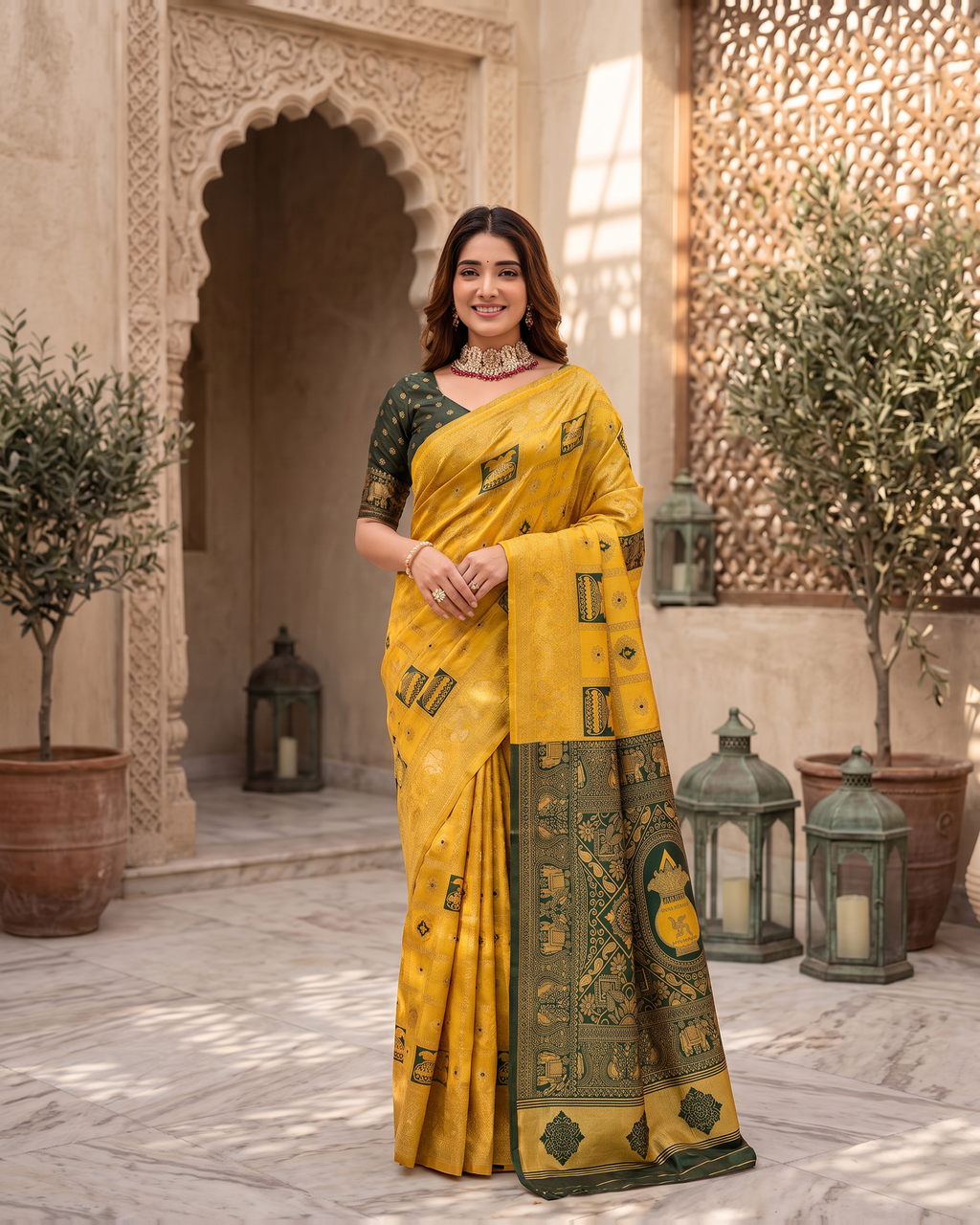 Kalash Motif Festive Saree with Traditional Designer Pallu - Mustard - full saree hero
