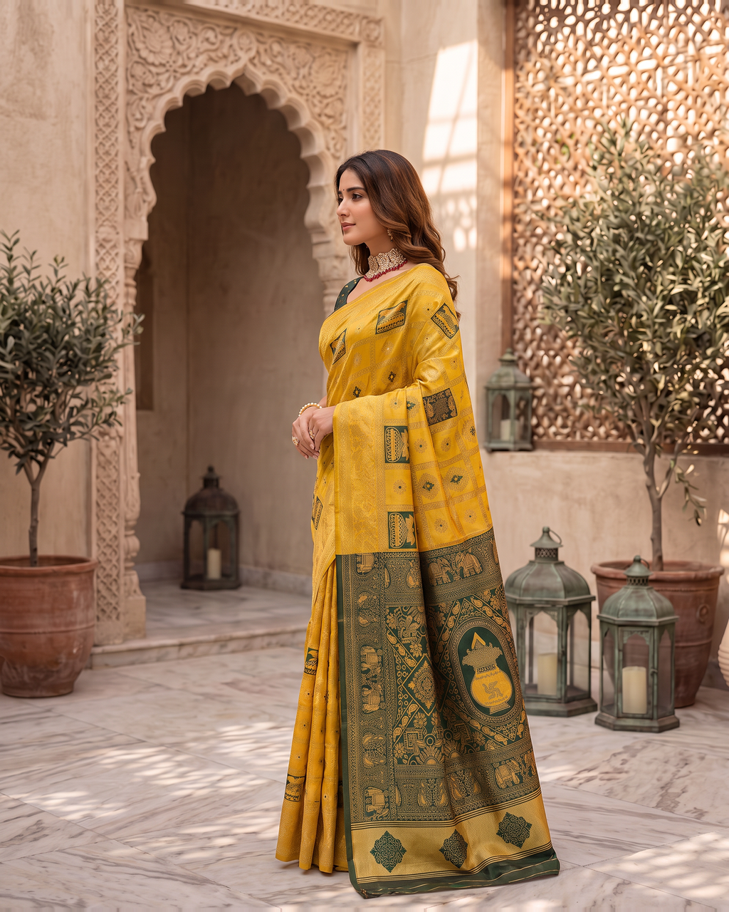 Kalash Motif Festive Saree with Traditional Designer Pallu - Mustard - side