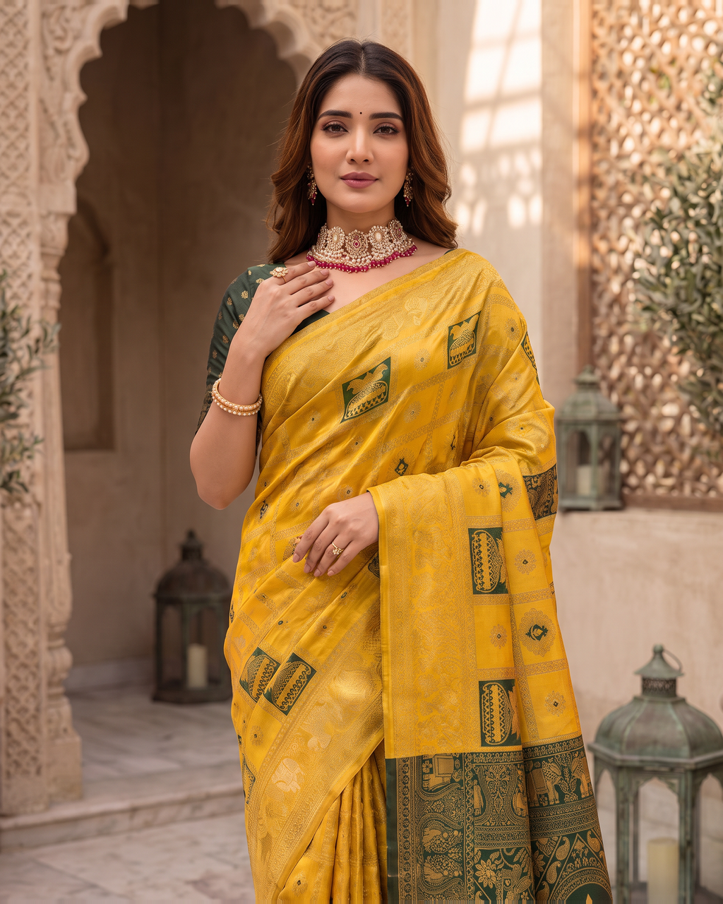Kalash Motif Festive Saree with Traditional Designer Pallu - Mustard - upper closeup