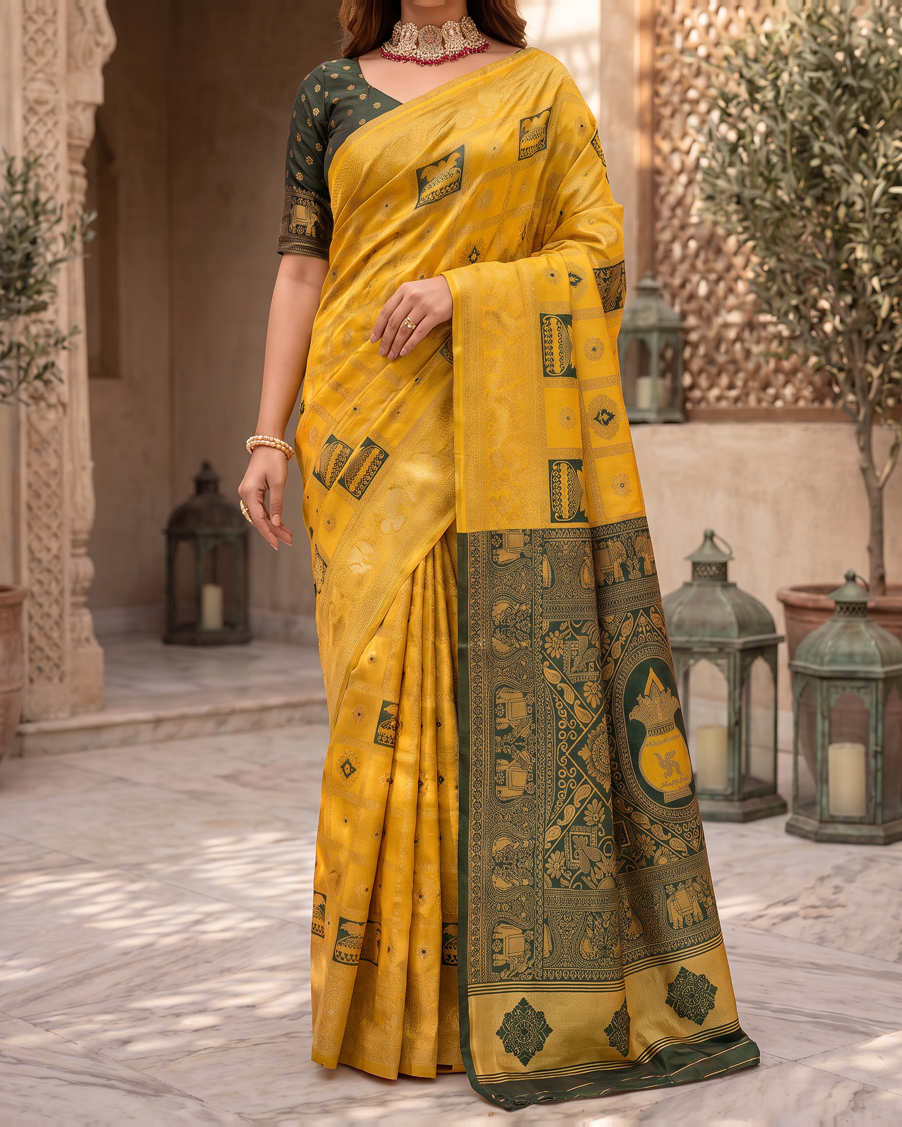 Kalash Motif Festive Saree with Traditional Designer Pallu - Mustard - lower closeup
