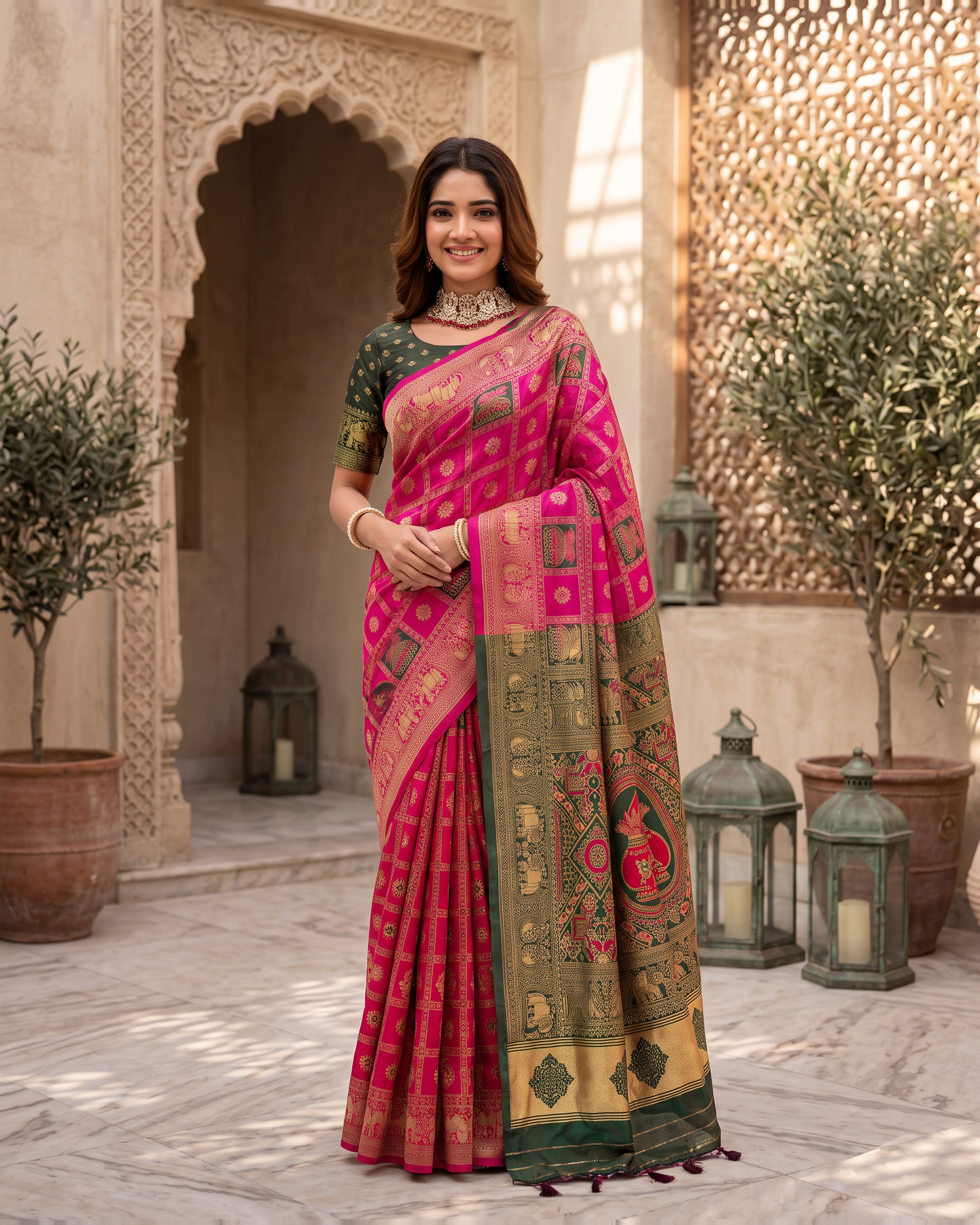 Kalash Motif Festive Saree with Traditional Designer Pallu - Pink - full saree hero