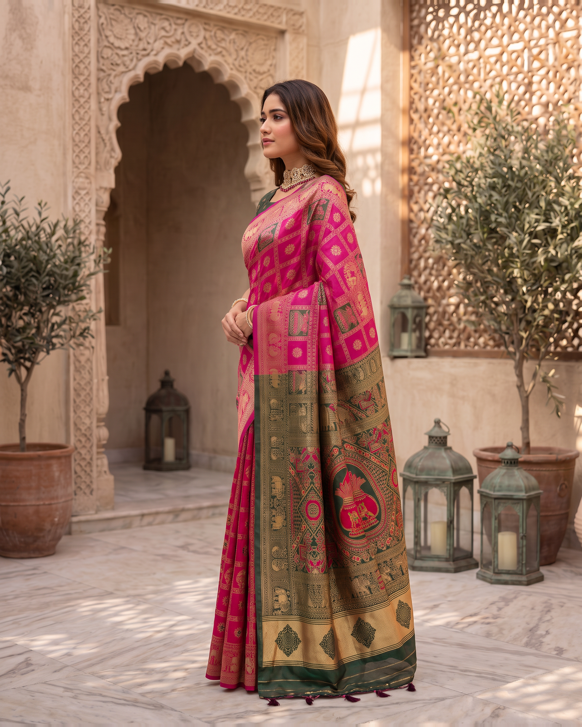 Kalash Motif Festive Saree with Traditional Designer Pallu - Pink - side
