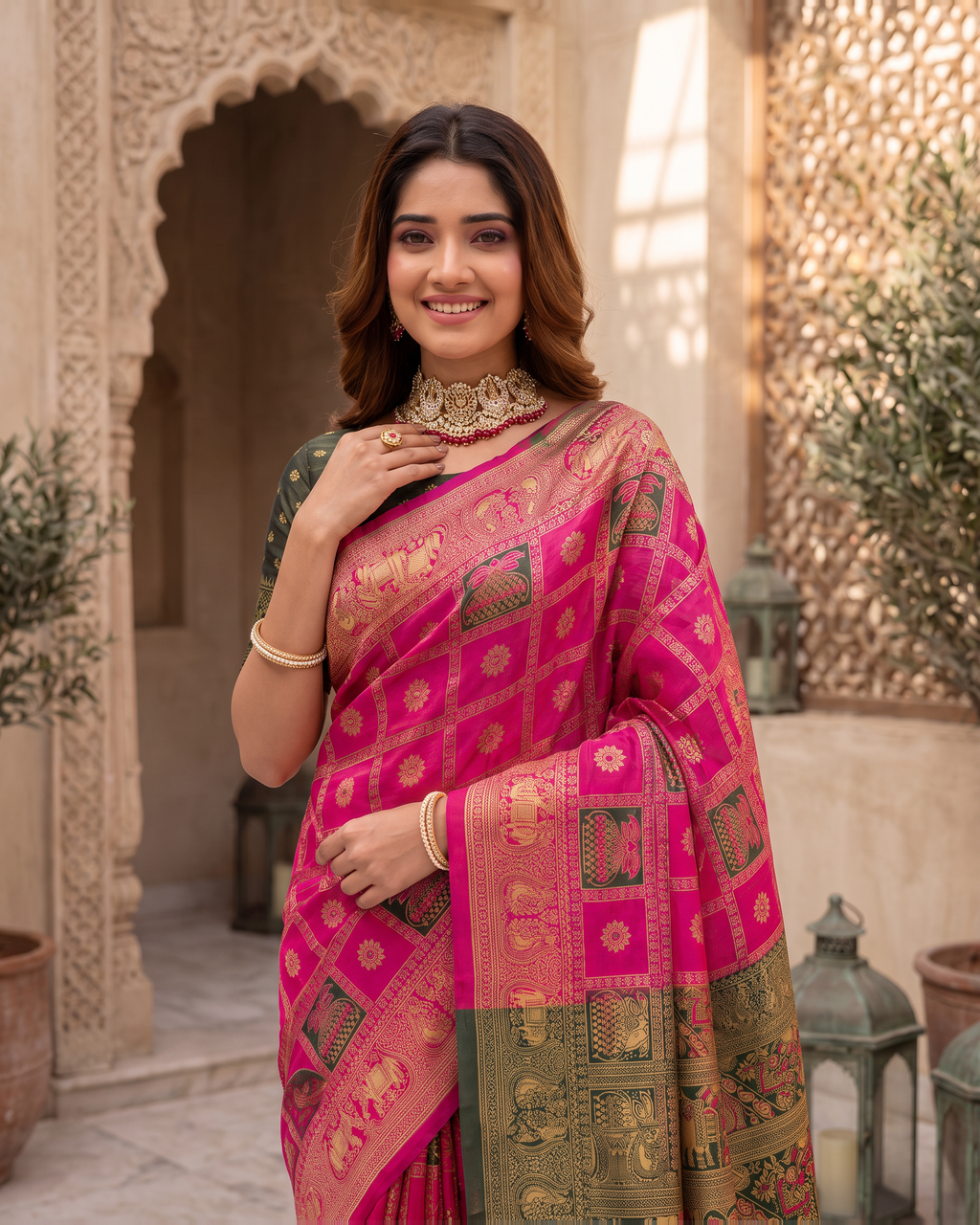Kalash Motif Festive Saree with Traditional Designer Pallu - Pink - upper closeup