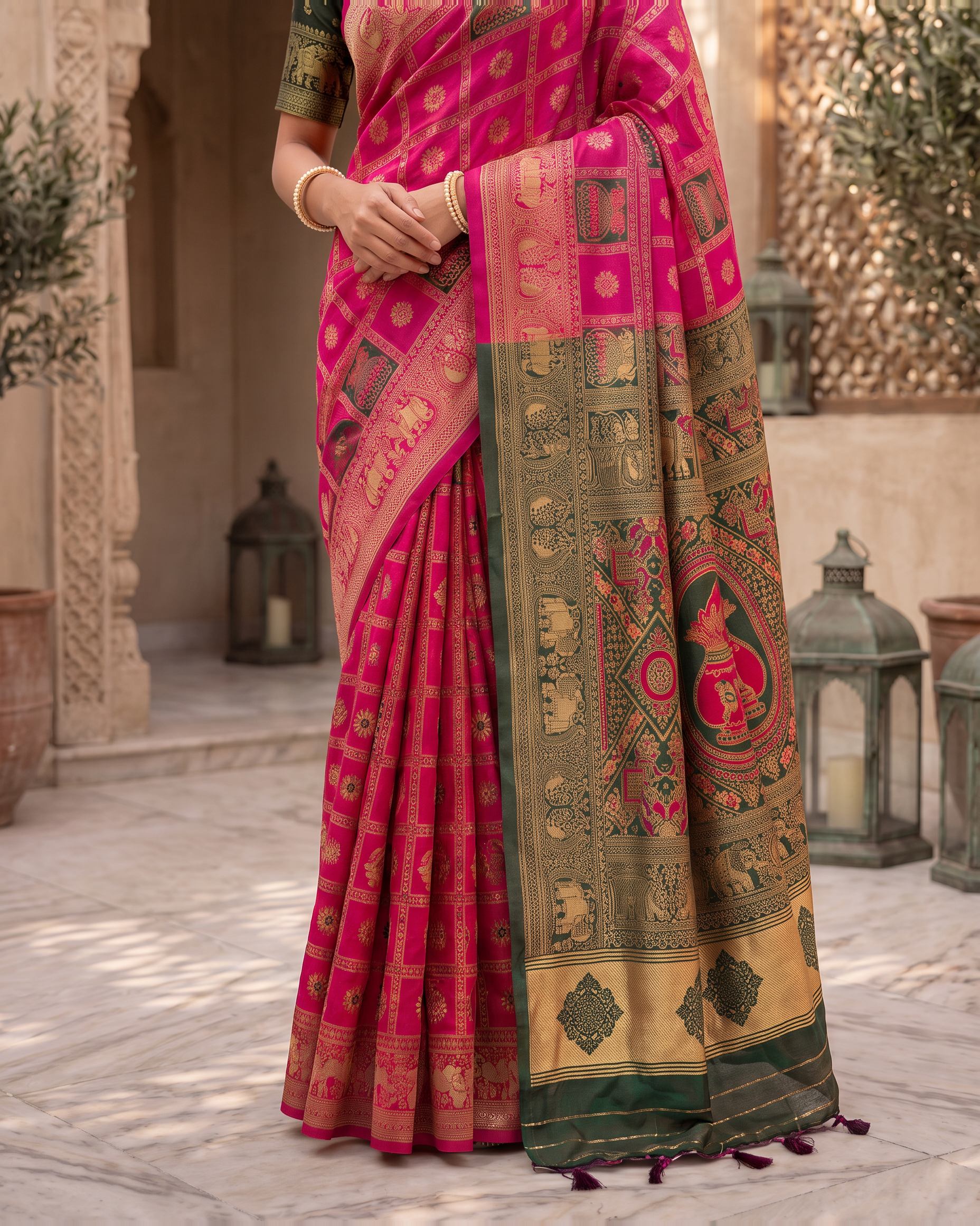 Kalash Motif Festive Saree with Traditional Designer Pallu - Pink - lower closeup