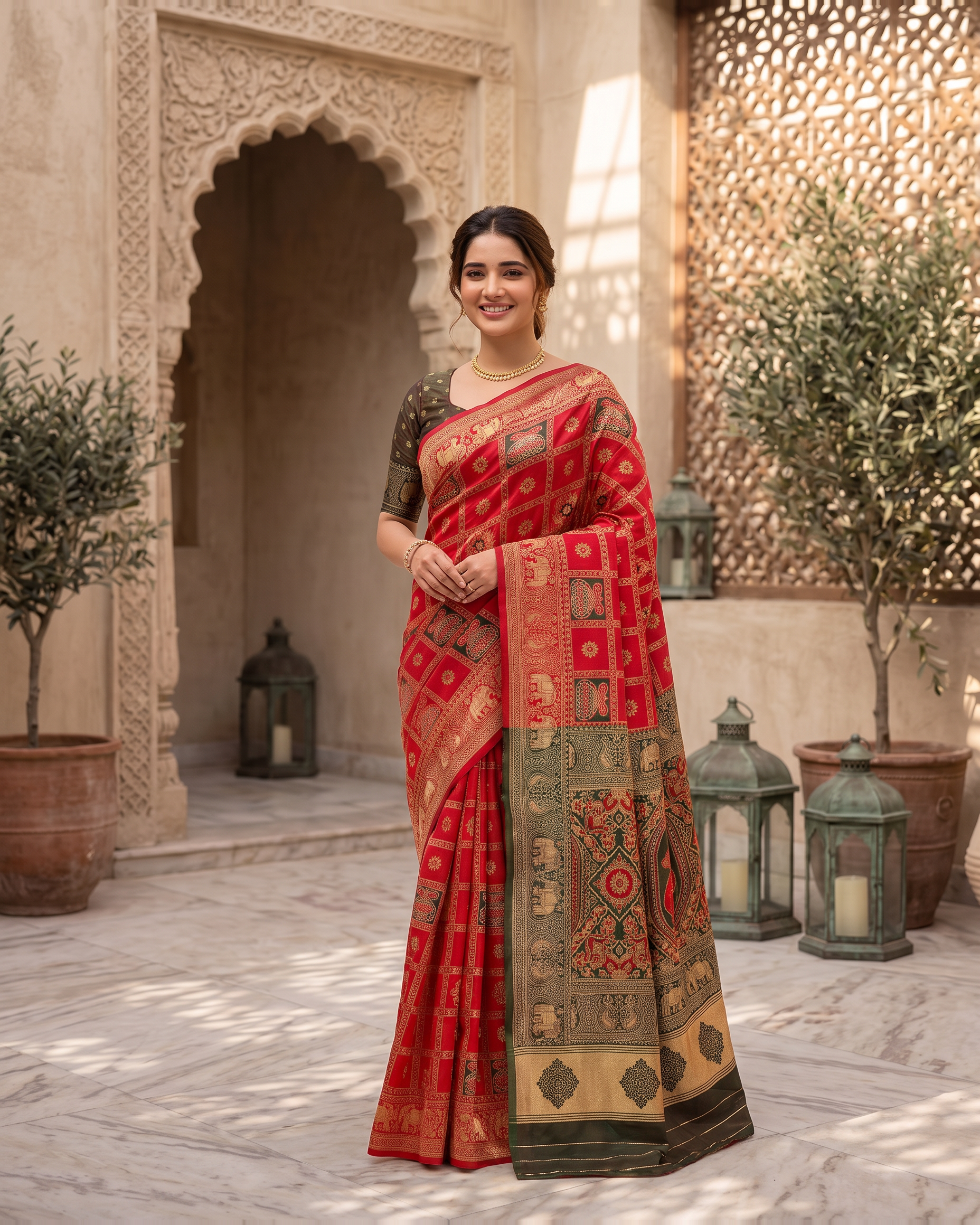 Kalash Motif Festive Saree with Traditional Designer Pallu - Red - full saree hero