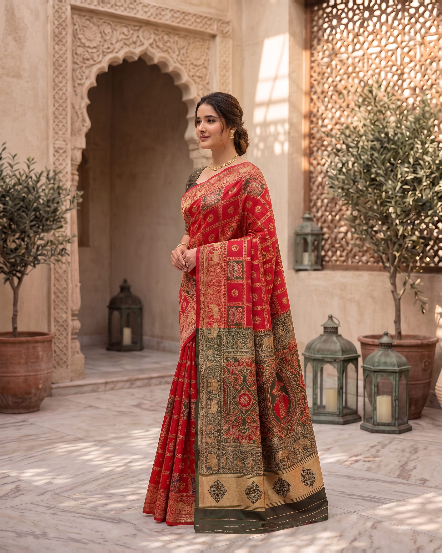 Kalash Motif Festive Saree with Traditional Designer Pallu - Red - side