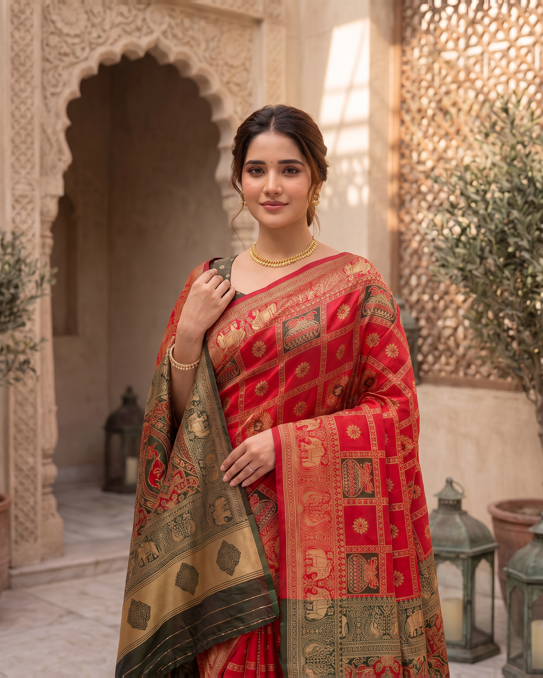 Kalash Motif Festive Saree with Traditional Designer Pallu - Red - upper closeup