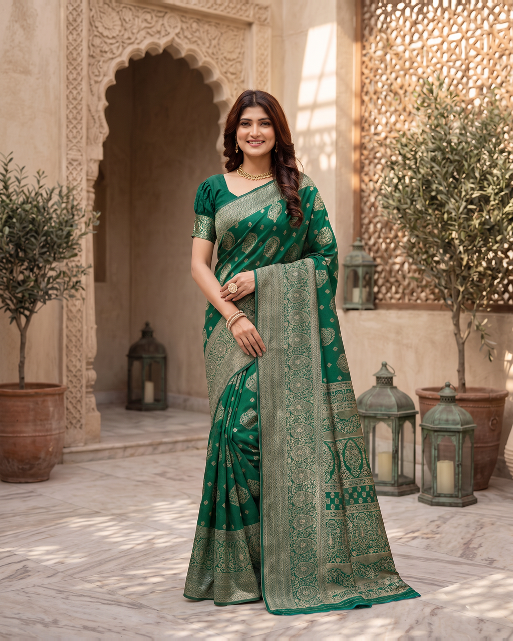Kamalika Regal Border Silk Saree - Dark Green - full saree hero