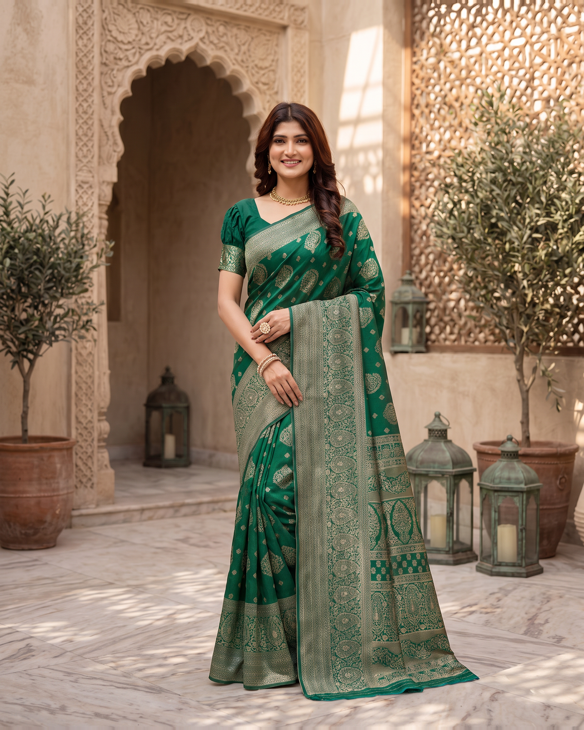 Kamalika Regal Border Silk Saree - Dark Green - full saree hero