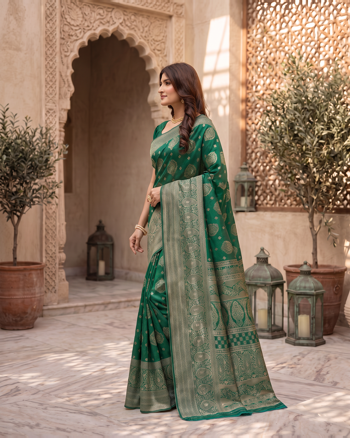 Kamalika Regal Border Silk Saree - Dark Green - side drape