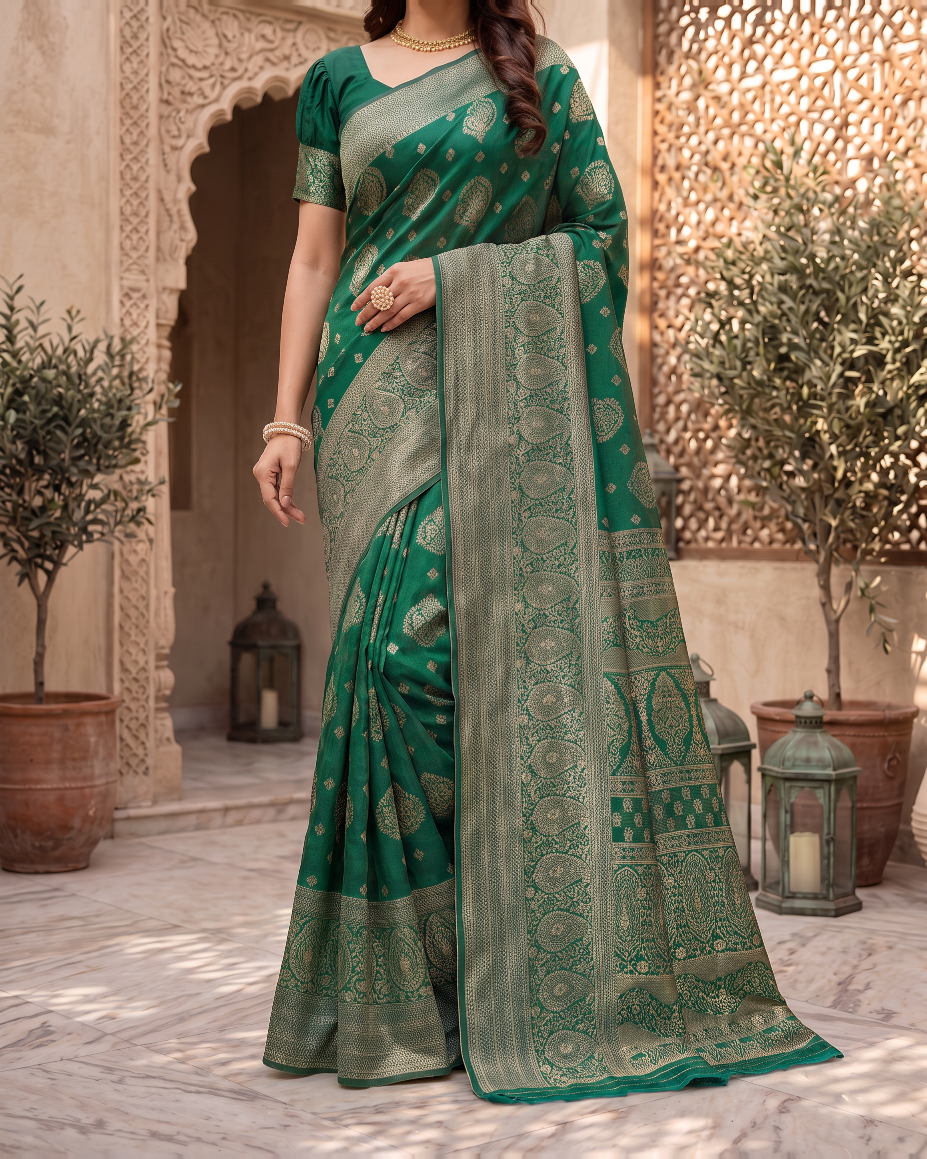 Kamalika Regal Border Silk Saree - Dark Green - lower border closeup