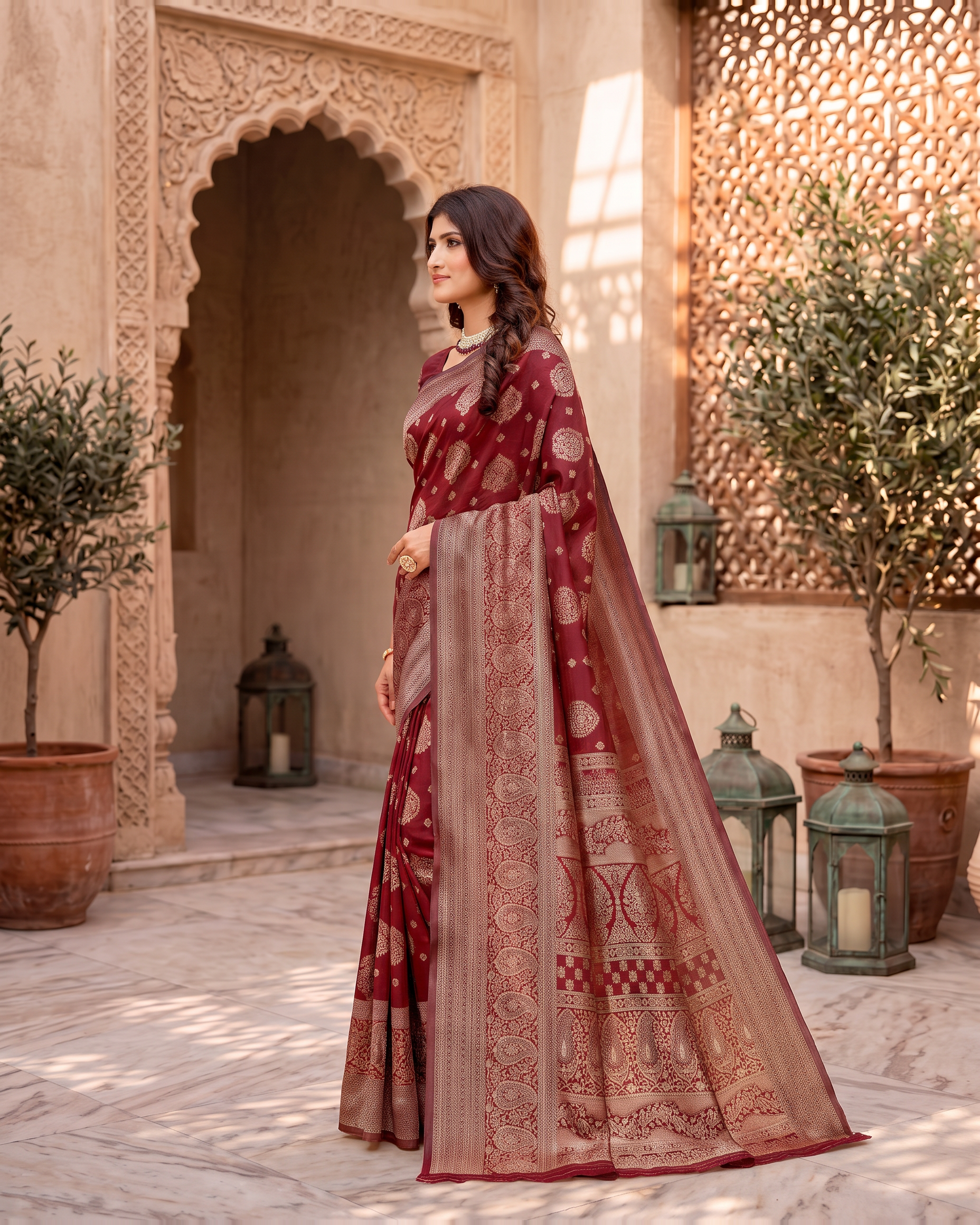 Kamalika Regal Border Silk Saree - Maroon - side drape