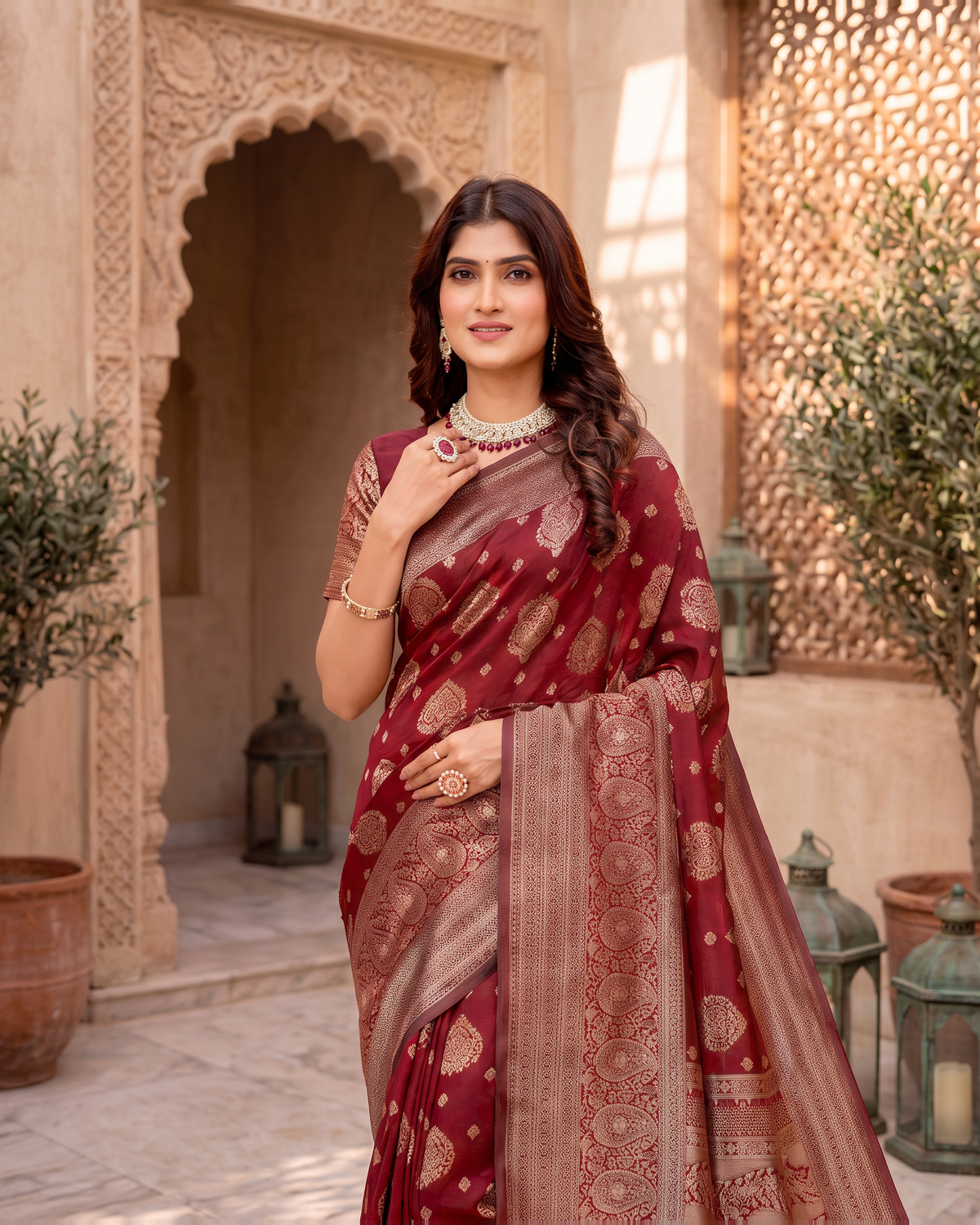 Kamalika Regal Border Silk Saree - Maroon - upper closeup