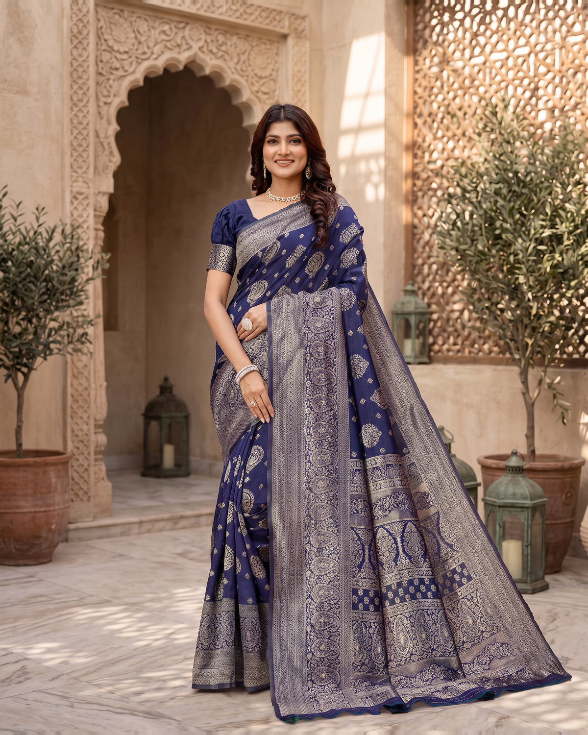 Kamalika Regal Border Silk Saree - Navy Blue - full saree hero