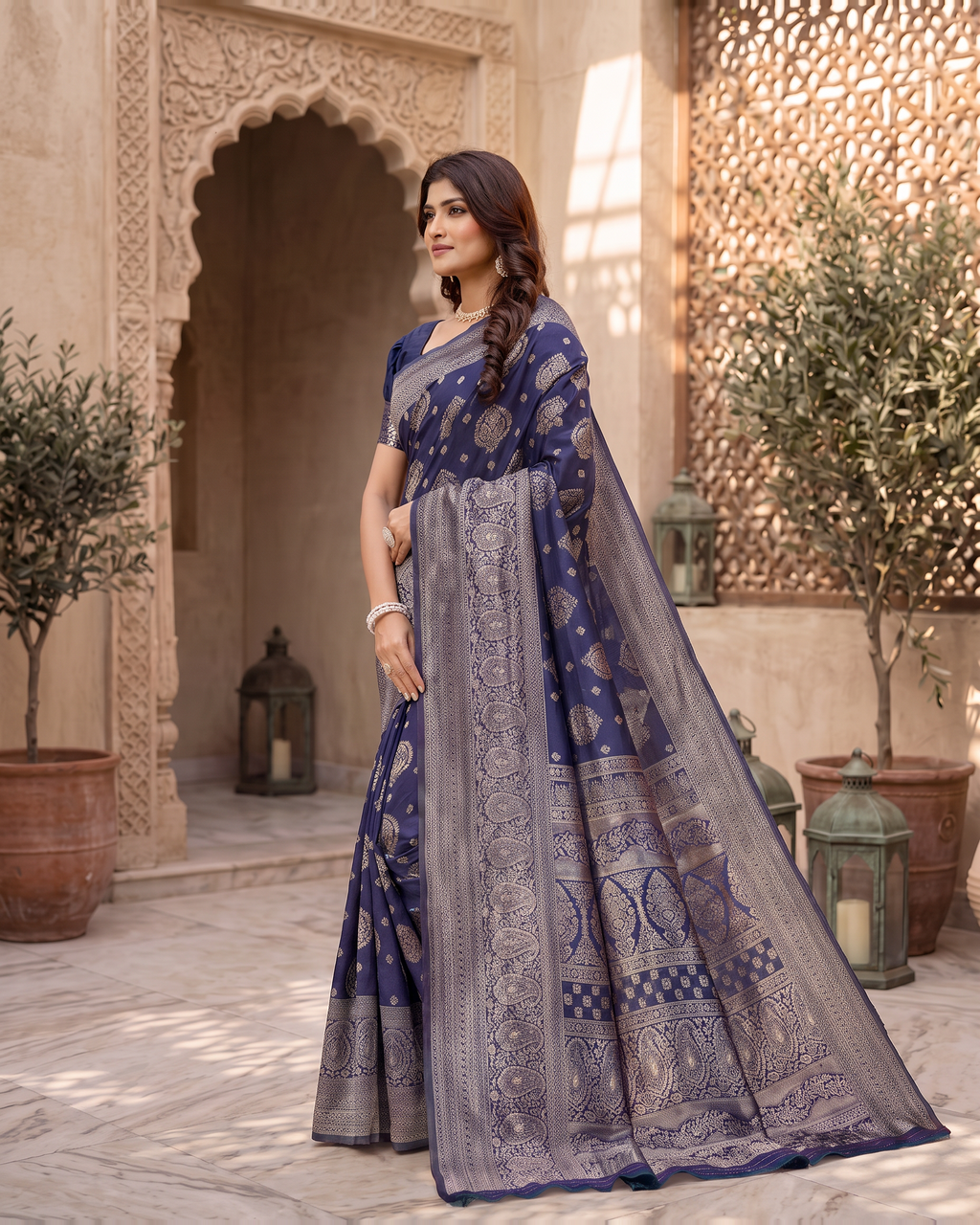 Kamalika Regal Border Silk Saree - Navy Blue - side drape